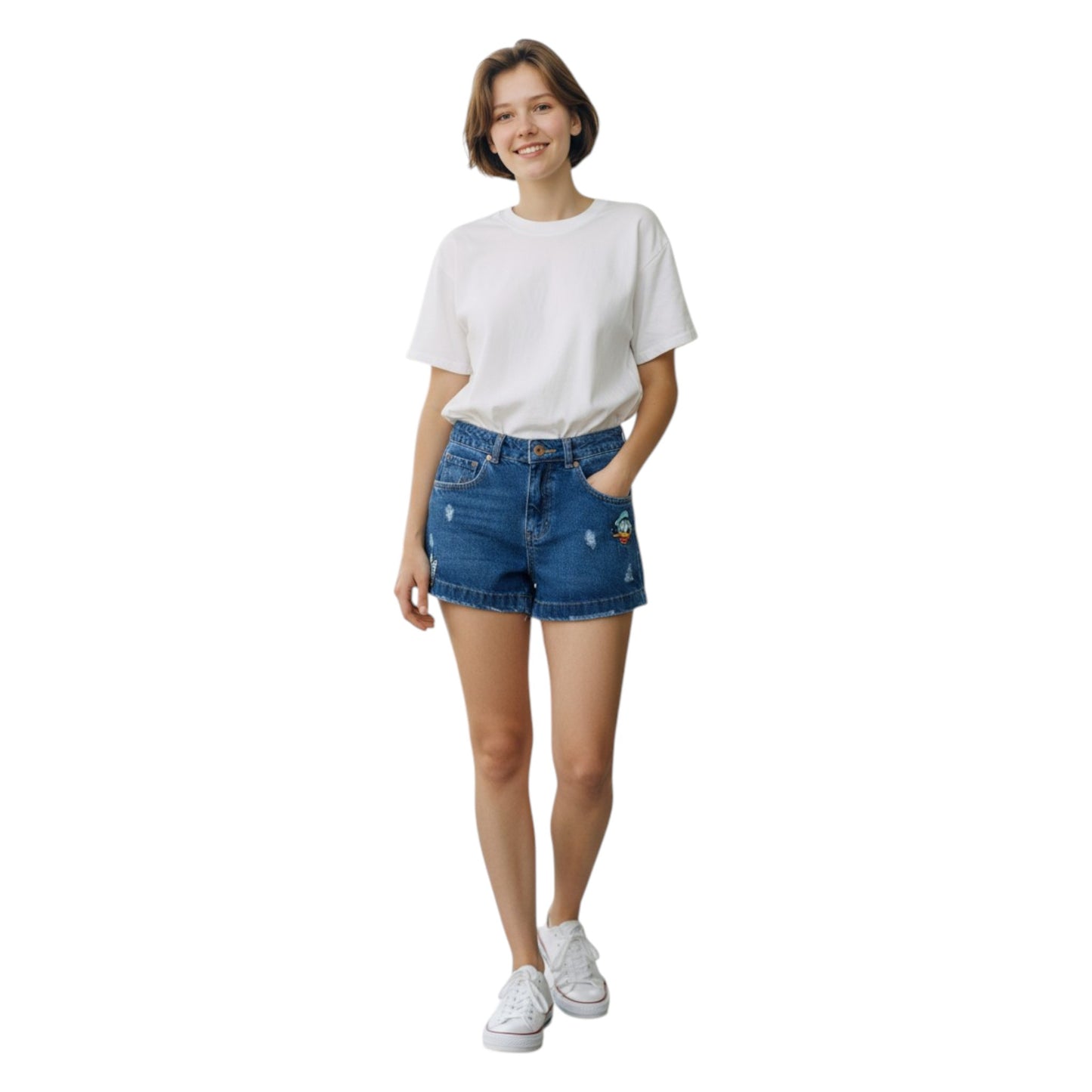 Girls' High Waist Distressed Denim Shorts with Character Patches