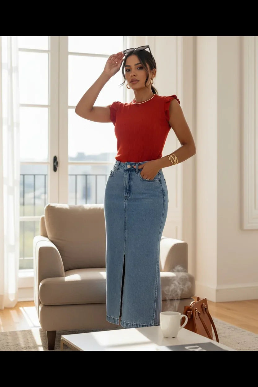 Women's Rust Red Ribbed Top & Light Wash Denim Maxi Skirt Set