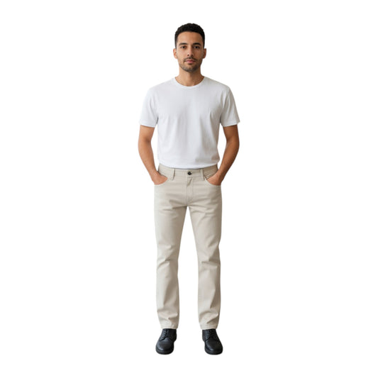 Man wearing a white t-shirt and beige pants on a white background