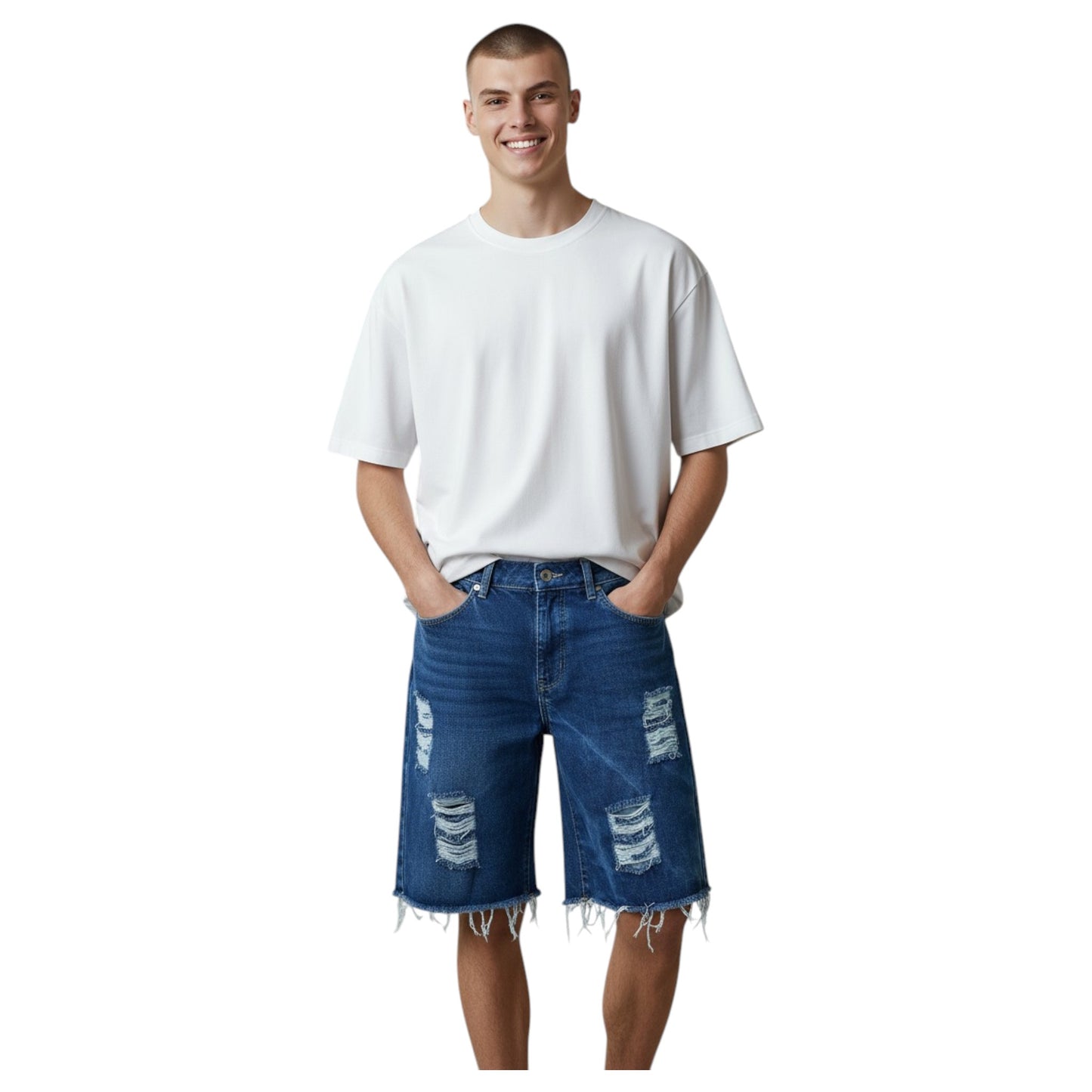 Man wearing a white t-shirt and blue denim shorts on a white background