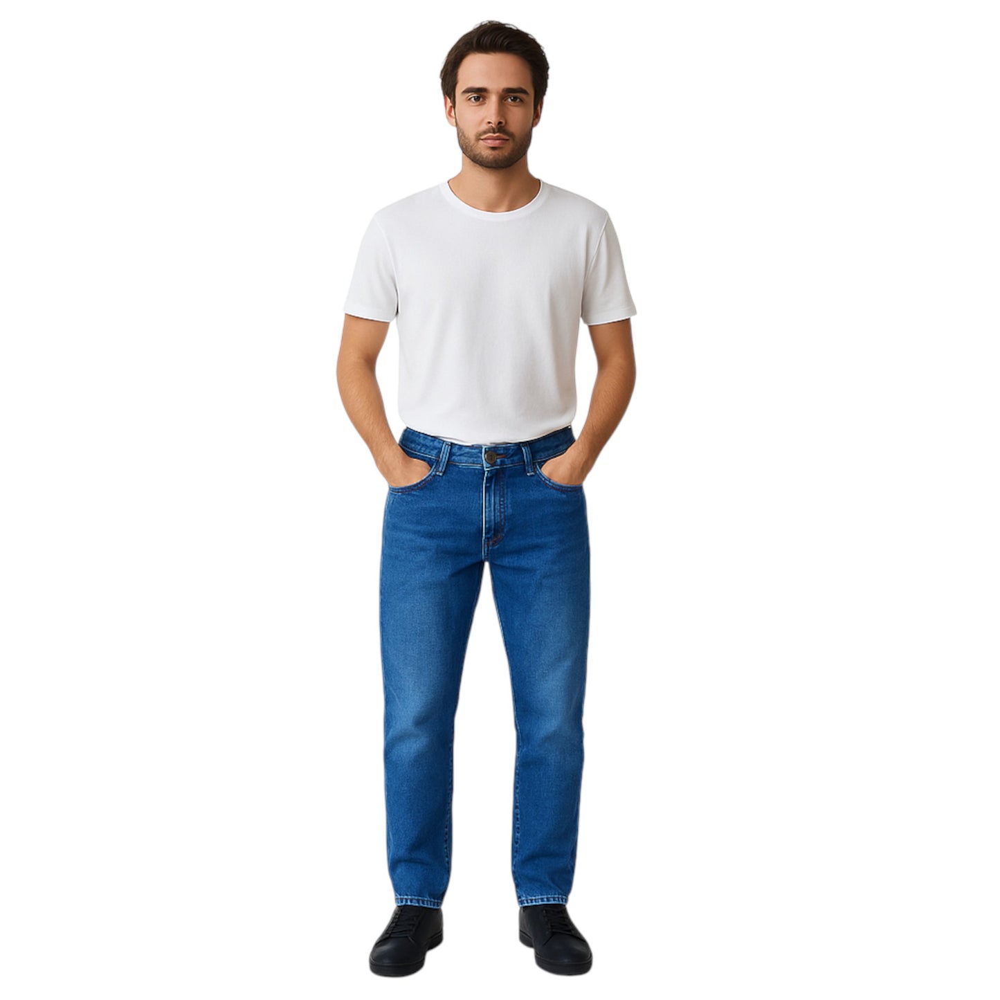 Man wearing a white t-shirt and blue jeans on a white background