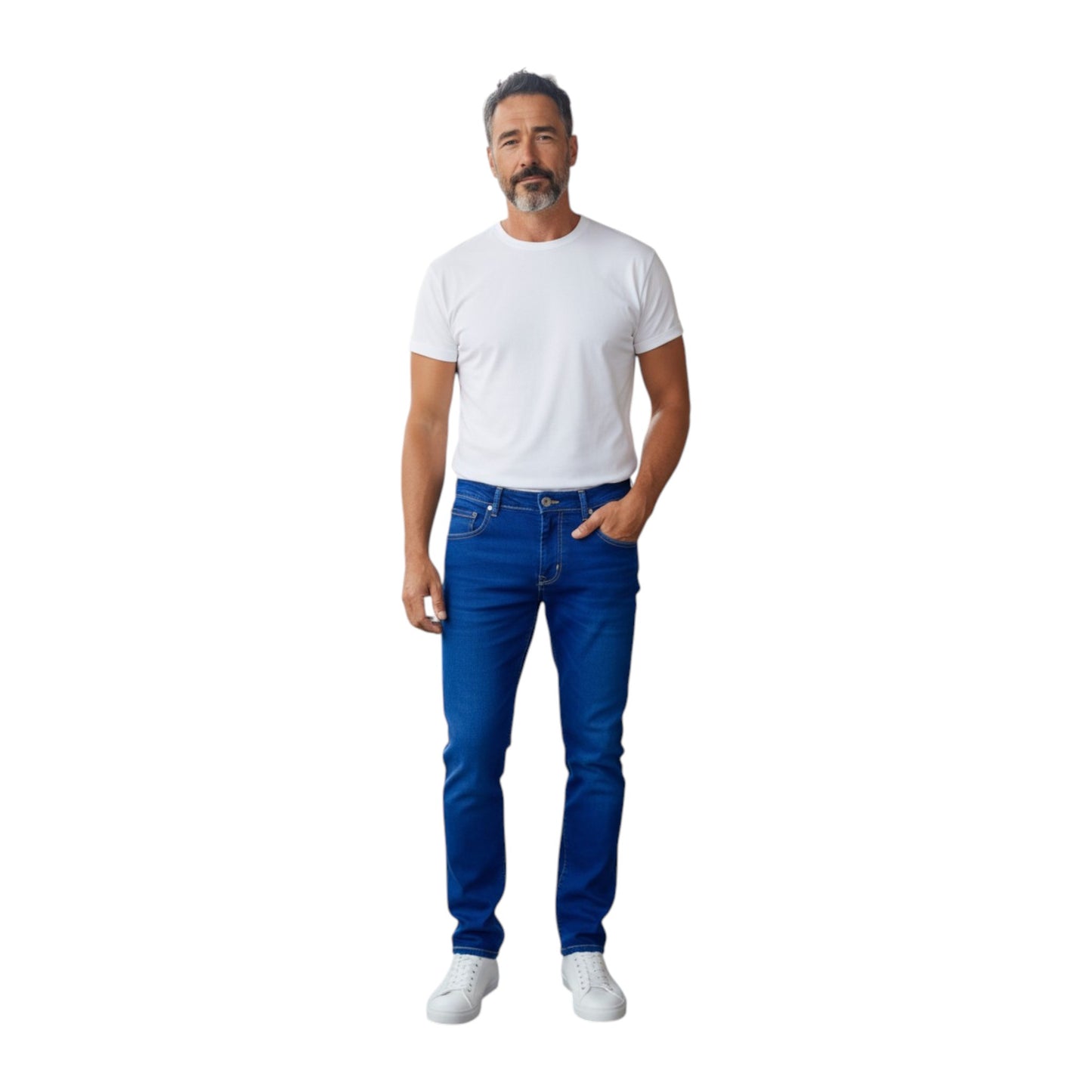 Man wearing a white t-shirt and blue jeans on a white background