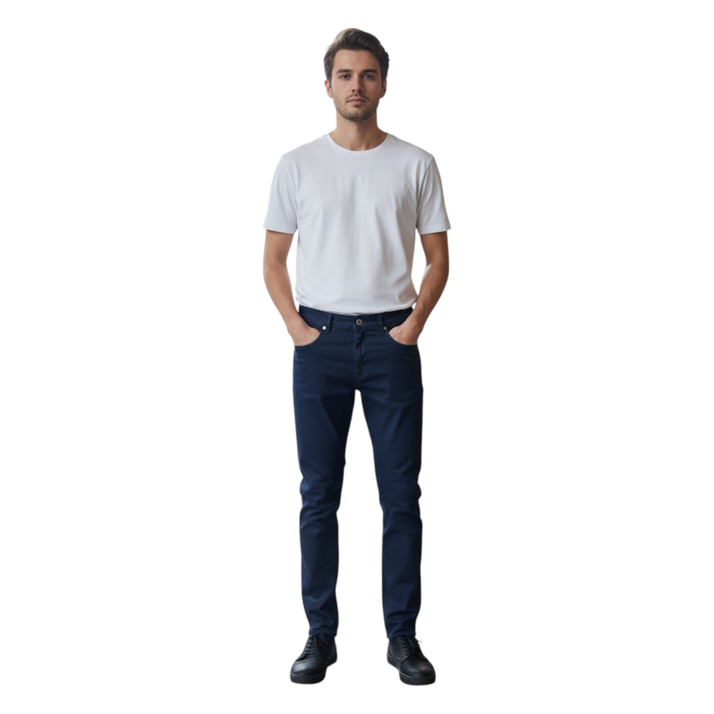 Man wearing a white t-shirt and dark blue jeans on a white background