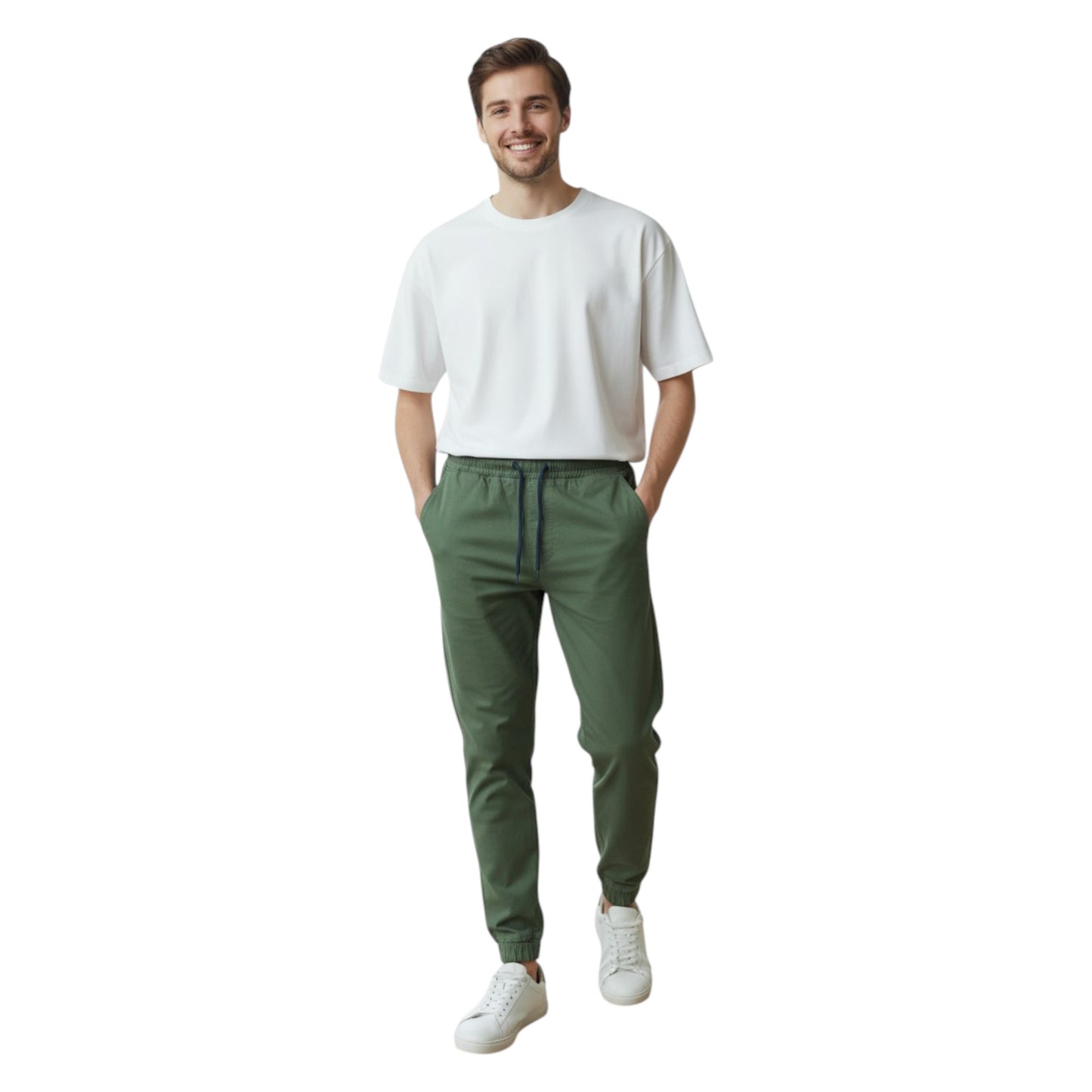 Man wearing a white t-shirt and green pants on a white background