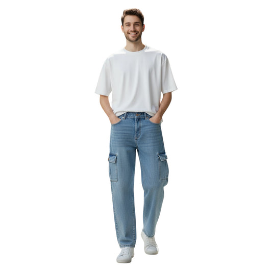 Man wearing a white t-shirt and light blue jeans on a white background