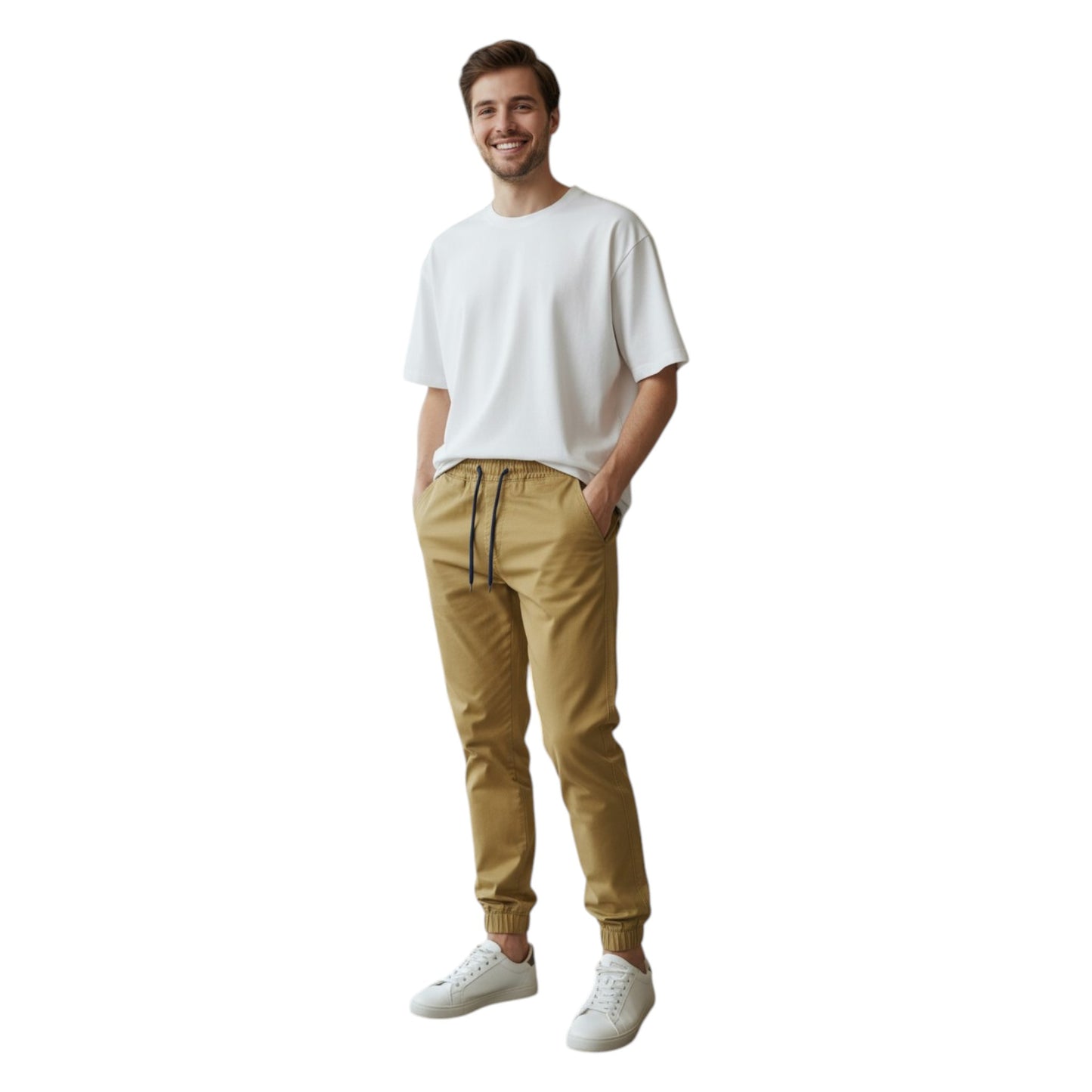 Man wearing a white t-shirt and beige pants on a white background