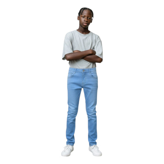 Person wearing a light gray shirt and blue jeans on a white background