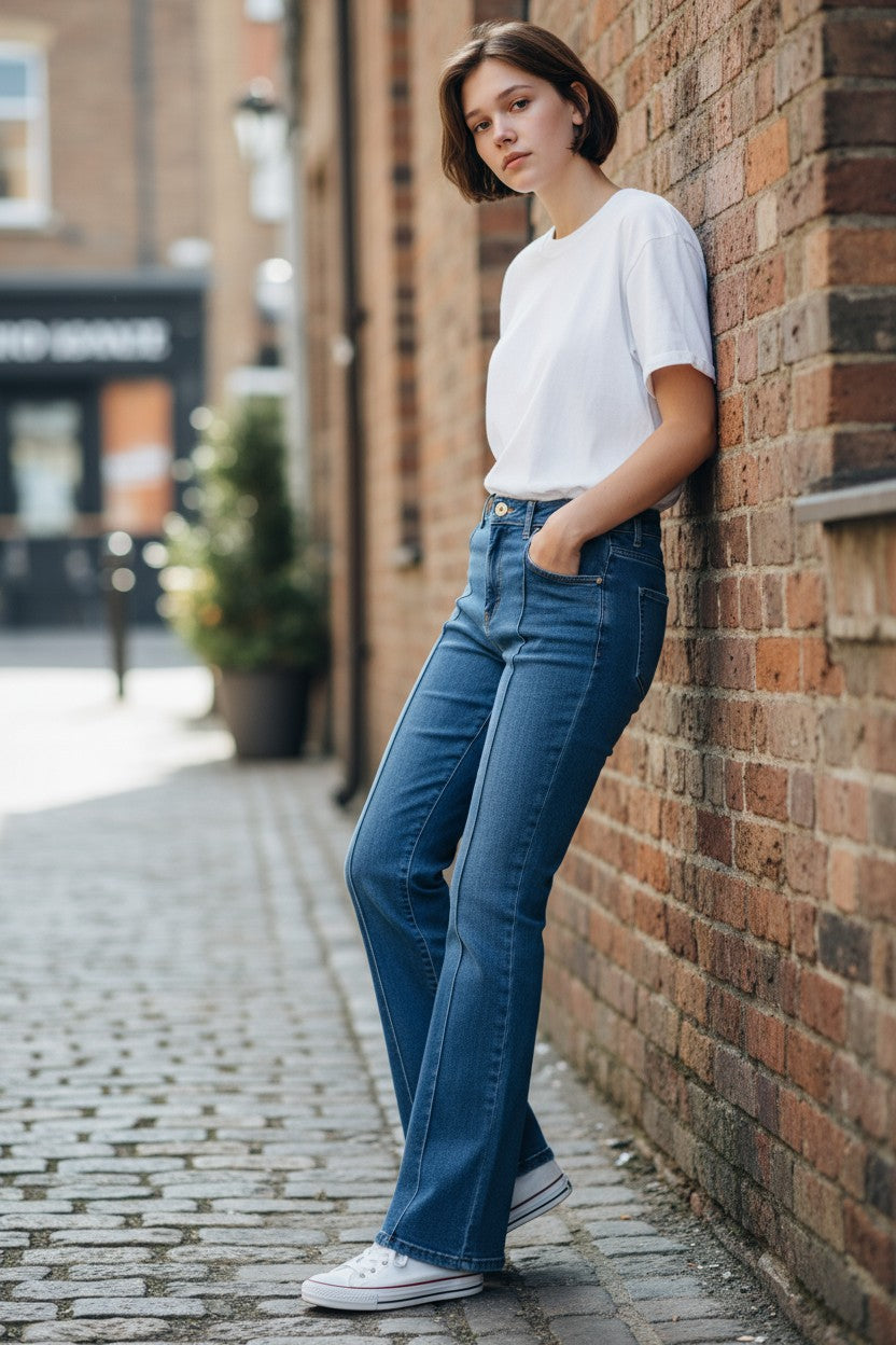 Person wearing a white t-shirt and blue jeans leaning against a brick wall.