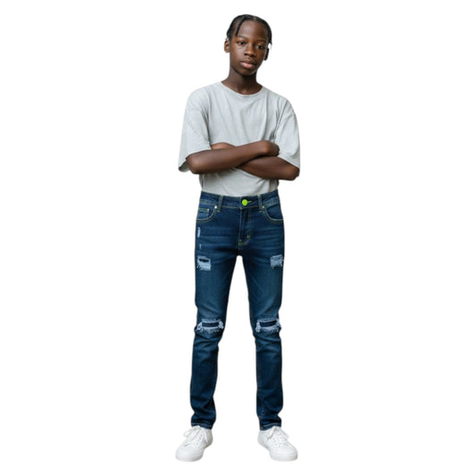 Person wearing a white t-shirt and blue jeans on a white background