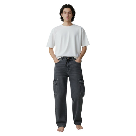 Person wearing a white t-shirt and dark cargo pants on a white background