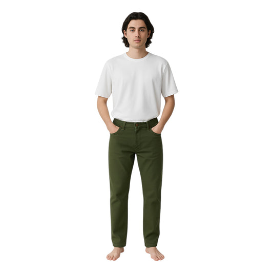 Person wearing a white t-shirt and green pants on a white background