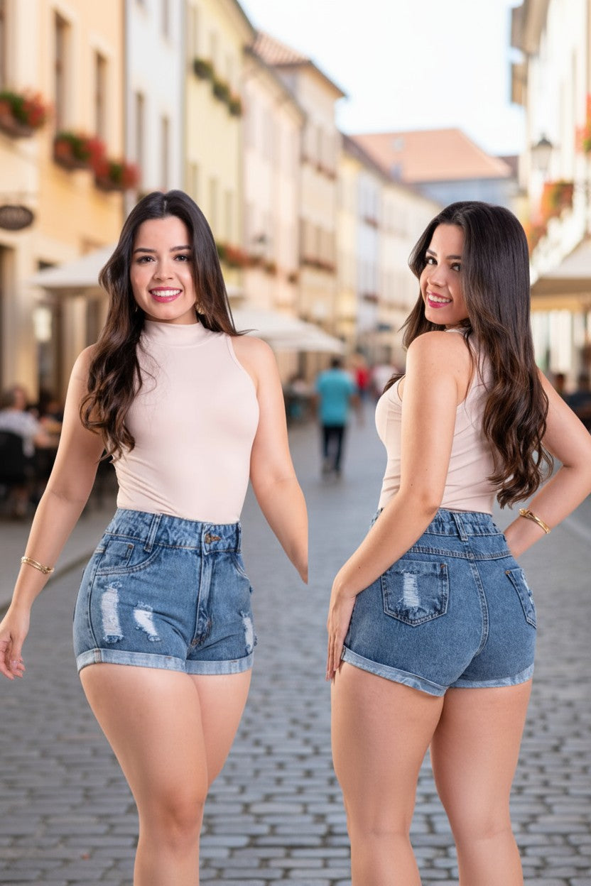 Two identical images of a woman in a street setting wearing a sleeveless top and denim shorts.