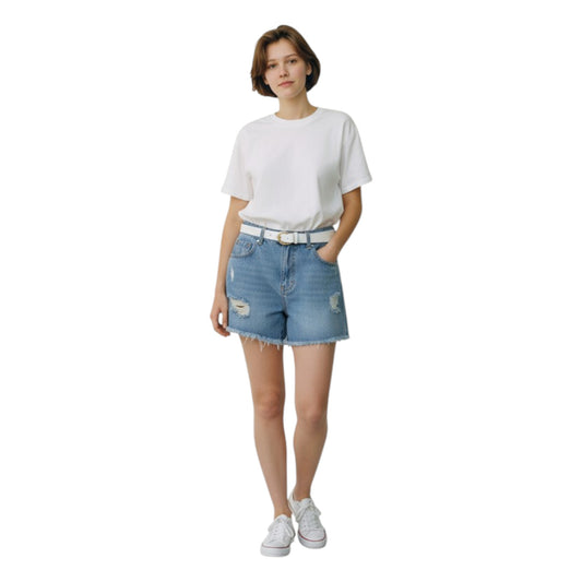 Women's High Waisted Denim Shorts Set - Cuffed Light/Dark Wash Ripped