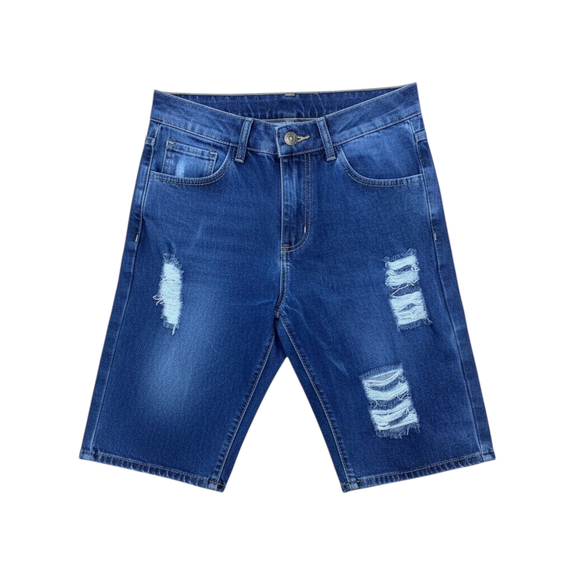 Blue denim shorts with distressed details on a white background