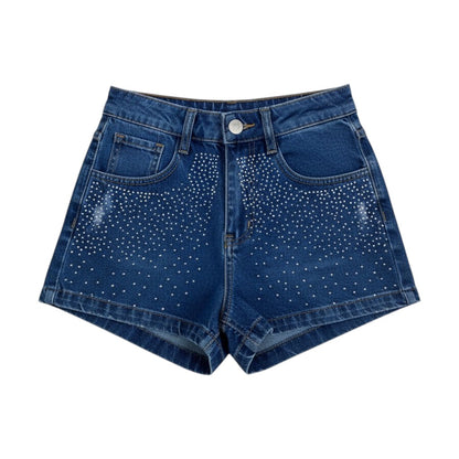 Blue denim shorts with rhinestone embellishments on a white background