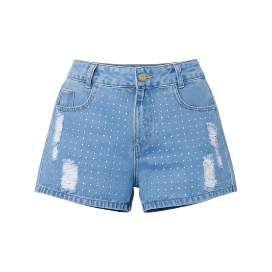 Blue denim shorts with white polka dots and distressed details on a white background