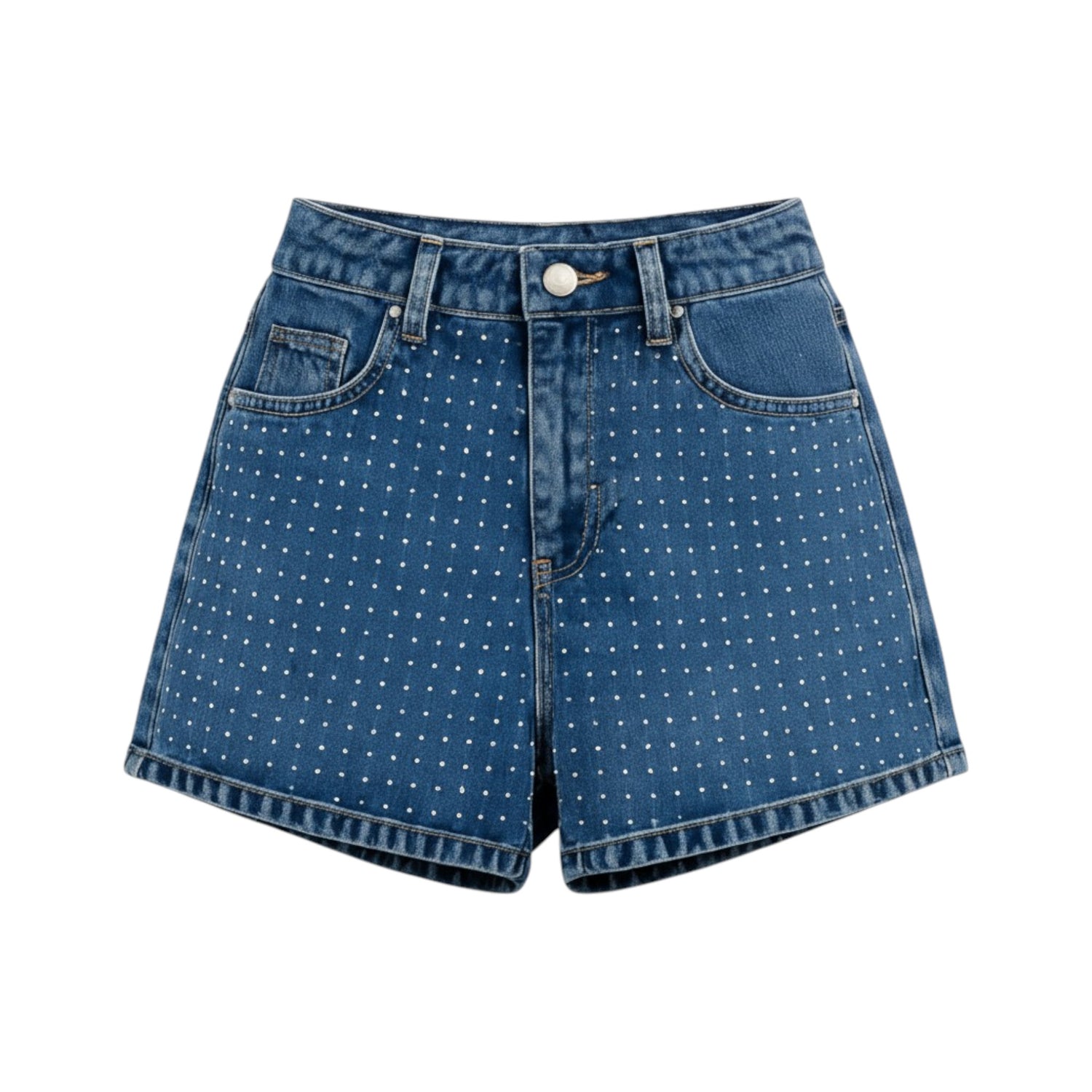 Blue denim shorts with white polka dots on a white background