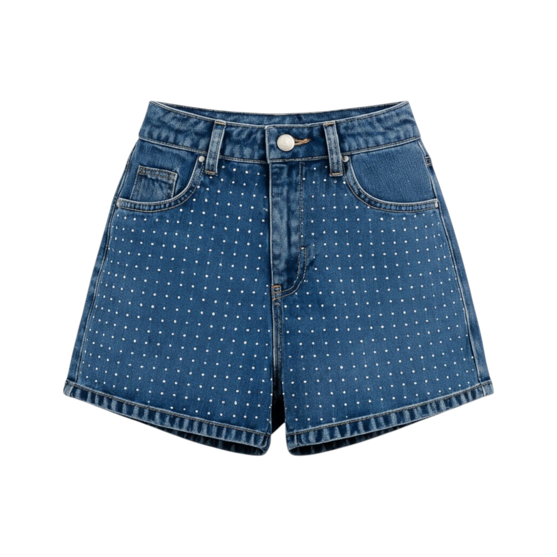 Blue denim shorts with white polka dots on a white background