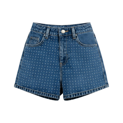 Blue denim shorts with white polka dots on a white background