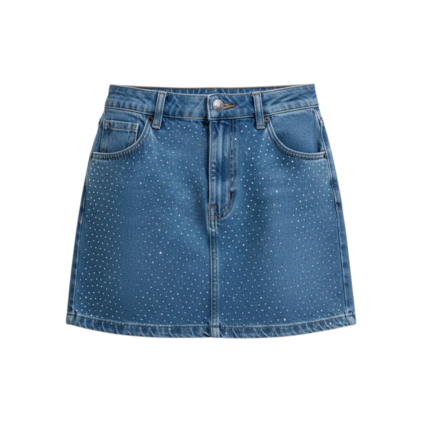 Blue denim skirt with white polka dots on a white background