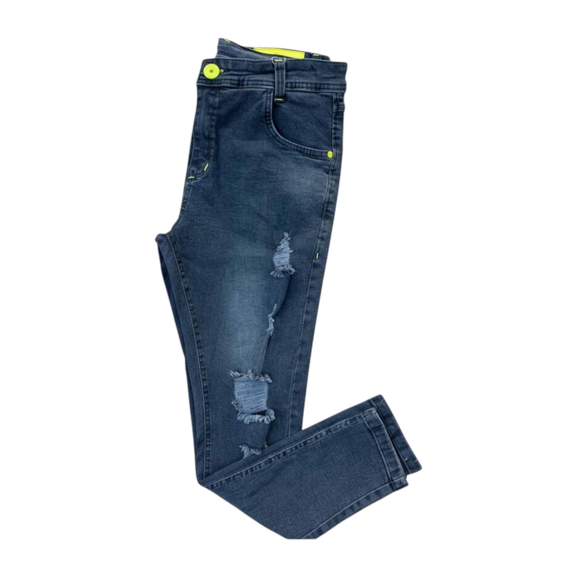 Blue jeans with distressing details on a white background