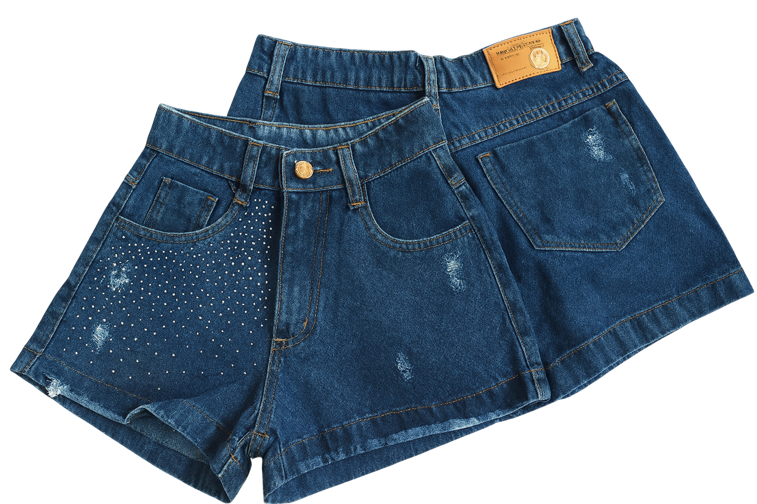 Pair of blue denim shorts with a brand label on a white background