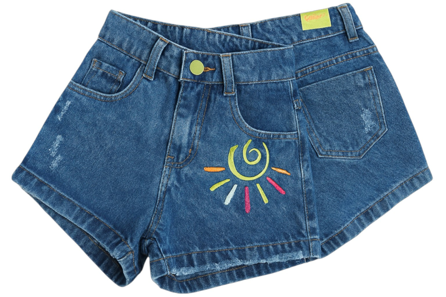 Blue denim shorts with a colorful sun design on a white background