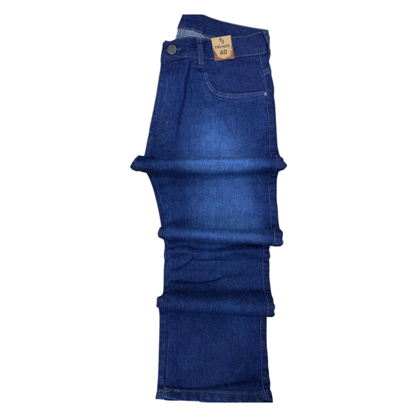 Folded blue jeans on a white background