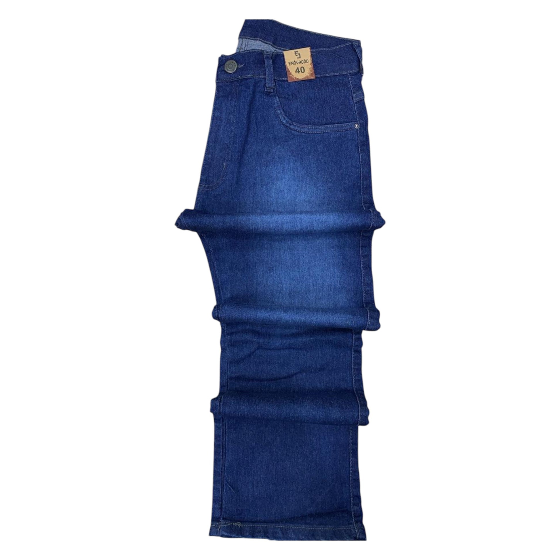 Folded blue jeans on a white background