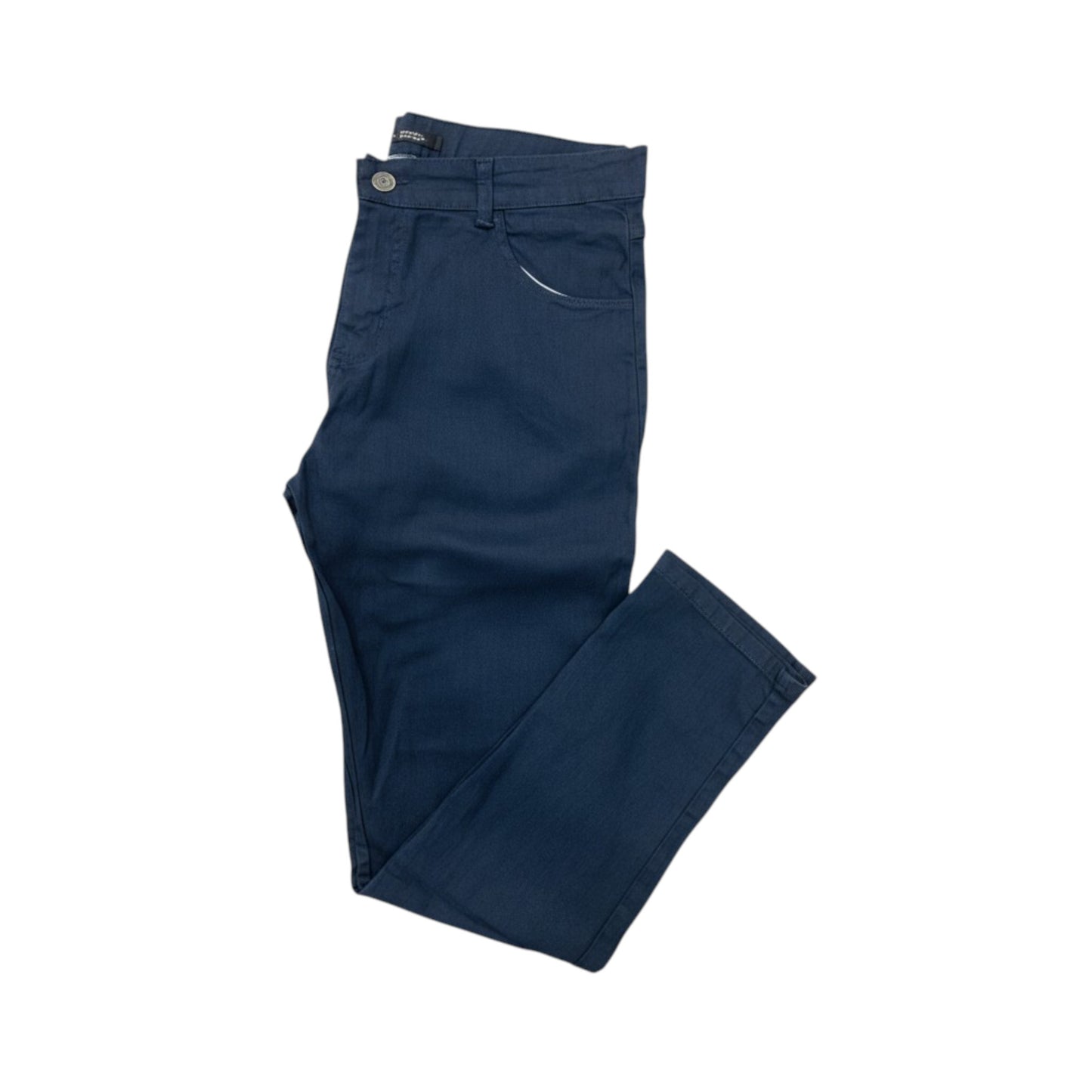 Folded navy blue pants on a white background