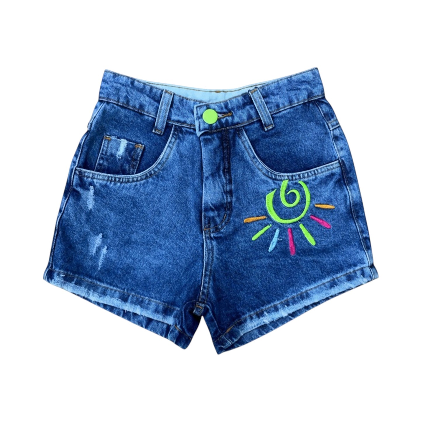 Girls' High Waist Dark Wash Denim Shorts with Embroidered Sun Design