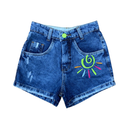 Girls' High Waist Dark Wash Denim Shorts with Embroidered Sun Design