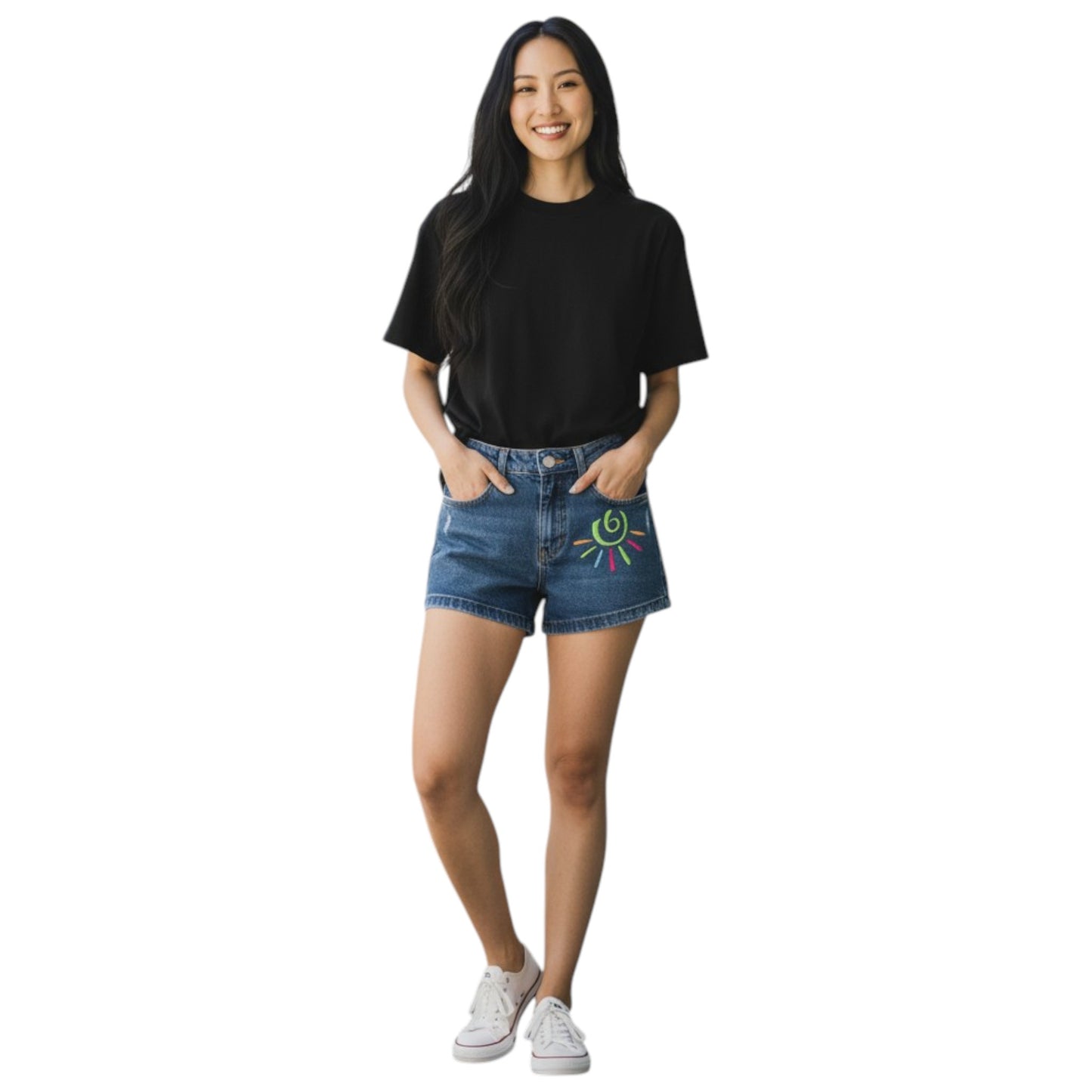 Girls' High Waist Dark Wash Denim Shorts with Embroidered Sun Design