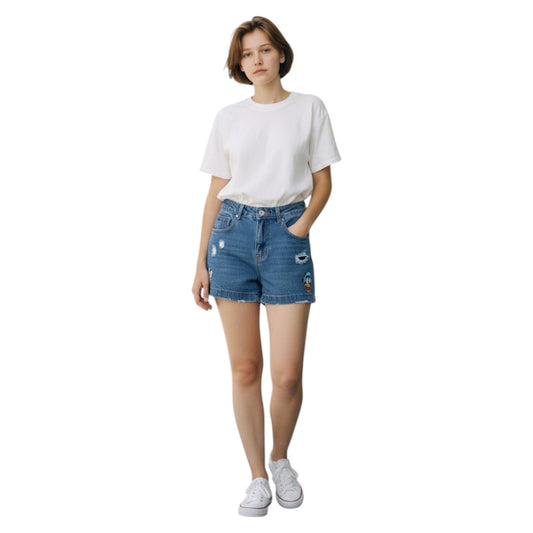 Girls' High Waist Distressed Denim Shorts with Character Patches
