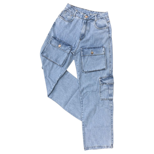 Light blue denim cargo pants on a white background