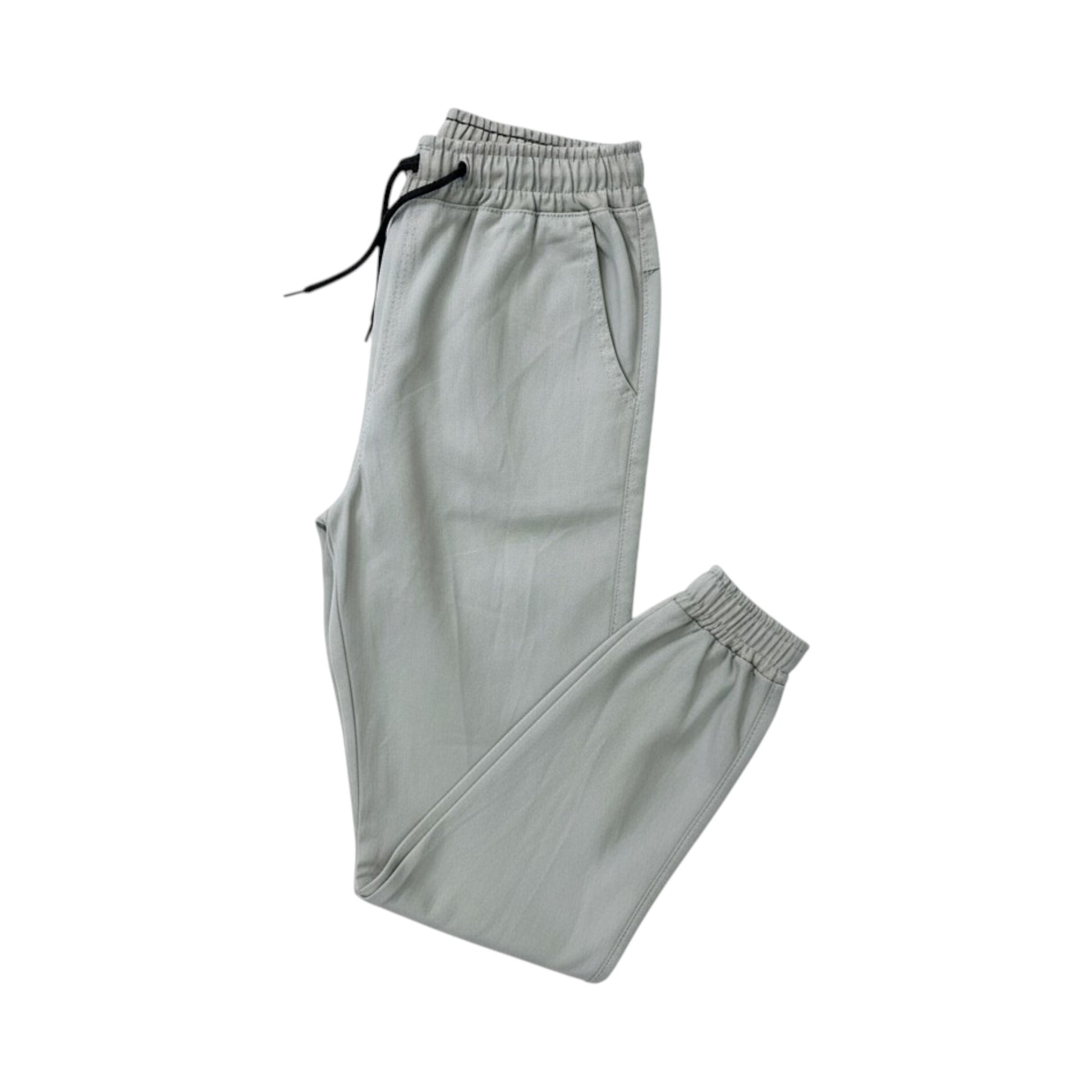 Light gray sweatpants with drawstring on a white background