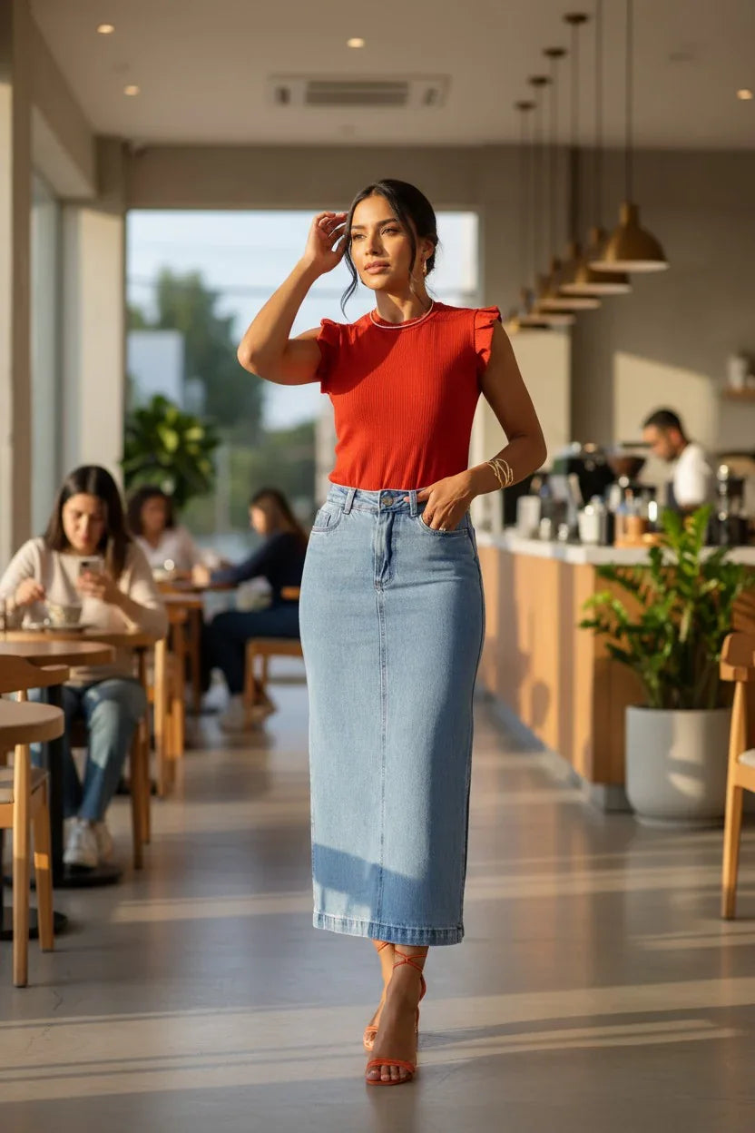 Women's Rust Red Ribbed Top & Light Wash Denim Maxi Skirt Set