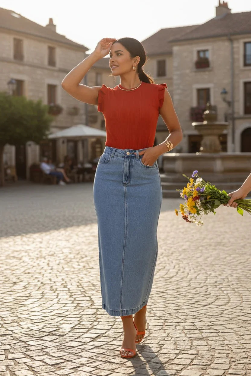 Women's Rust Red Ribbed Top & Light Wash Denim Maxi Skirt Set