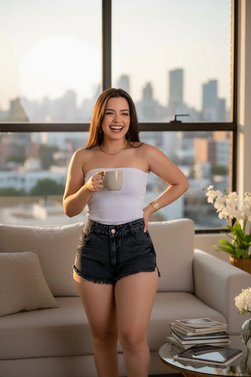 Woman holding a mug in a living room with a cityscape view