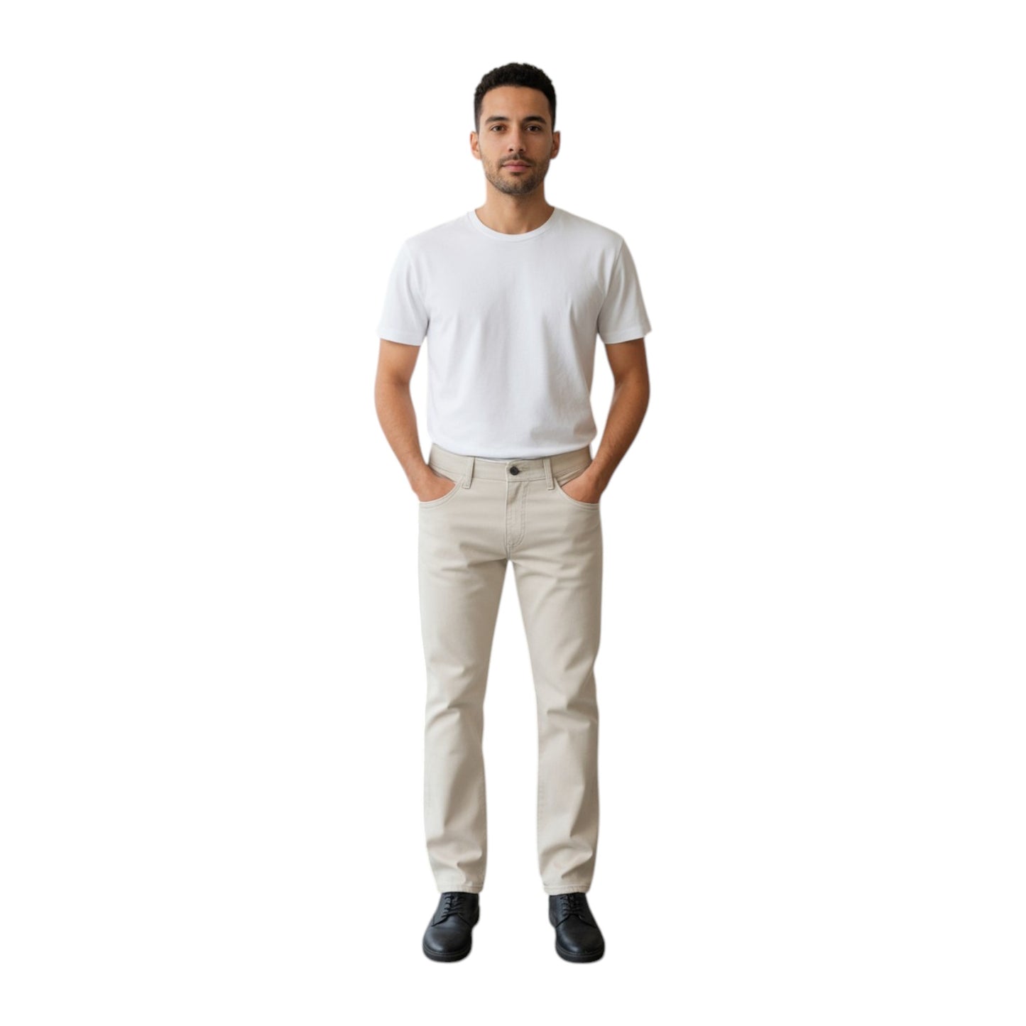 Man wearing a white t-shirt and beige pants on a white background
