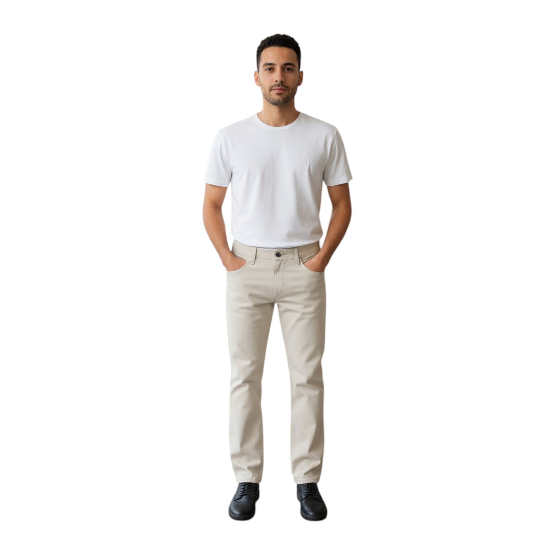 Man wearing a white t-shirt and beige pants on a white background