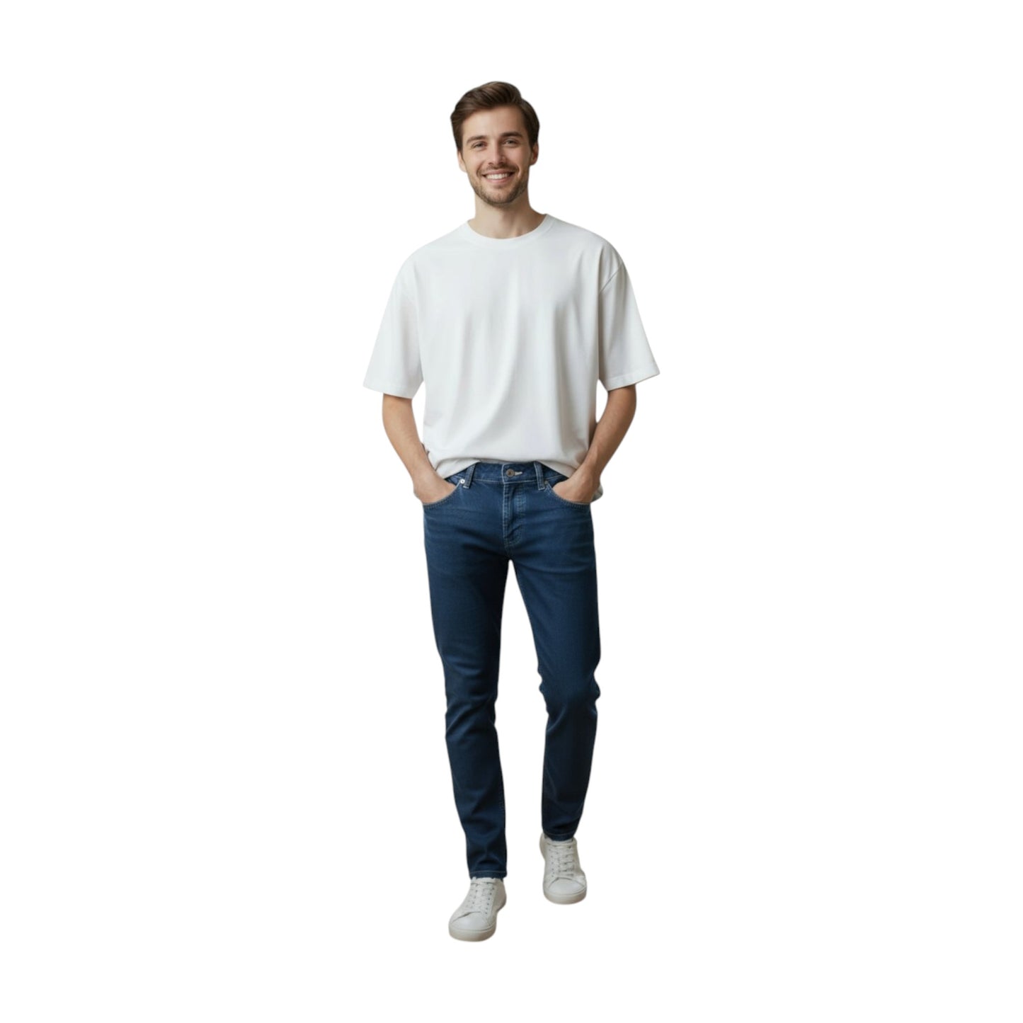 Man wearing a white t-shirt and blue jeans on a white background