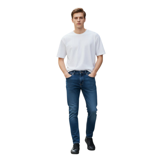 Man wearing a white t-shirt and blue jeans on a white background