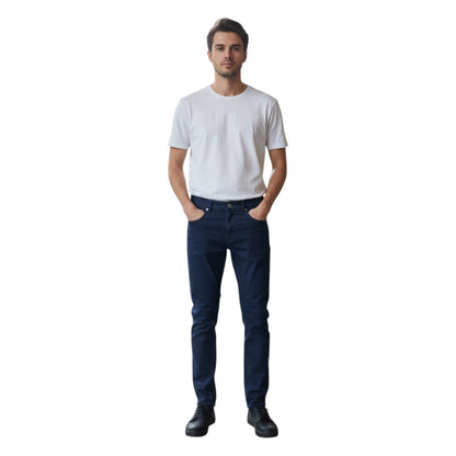 Man wearing a white t-shirt and dark blue jeans on a white background