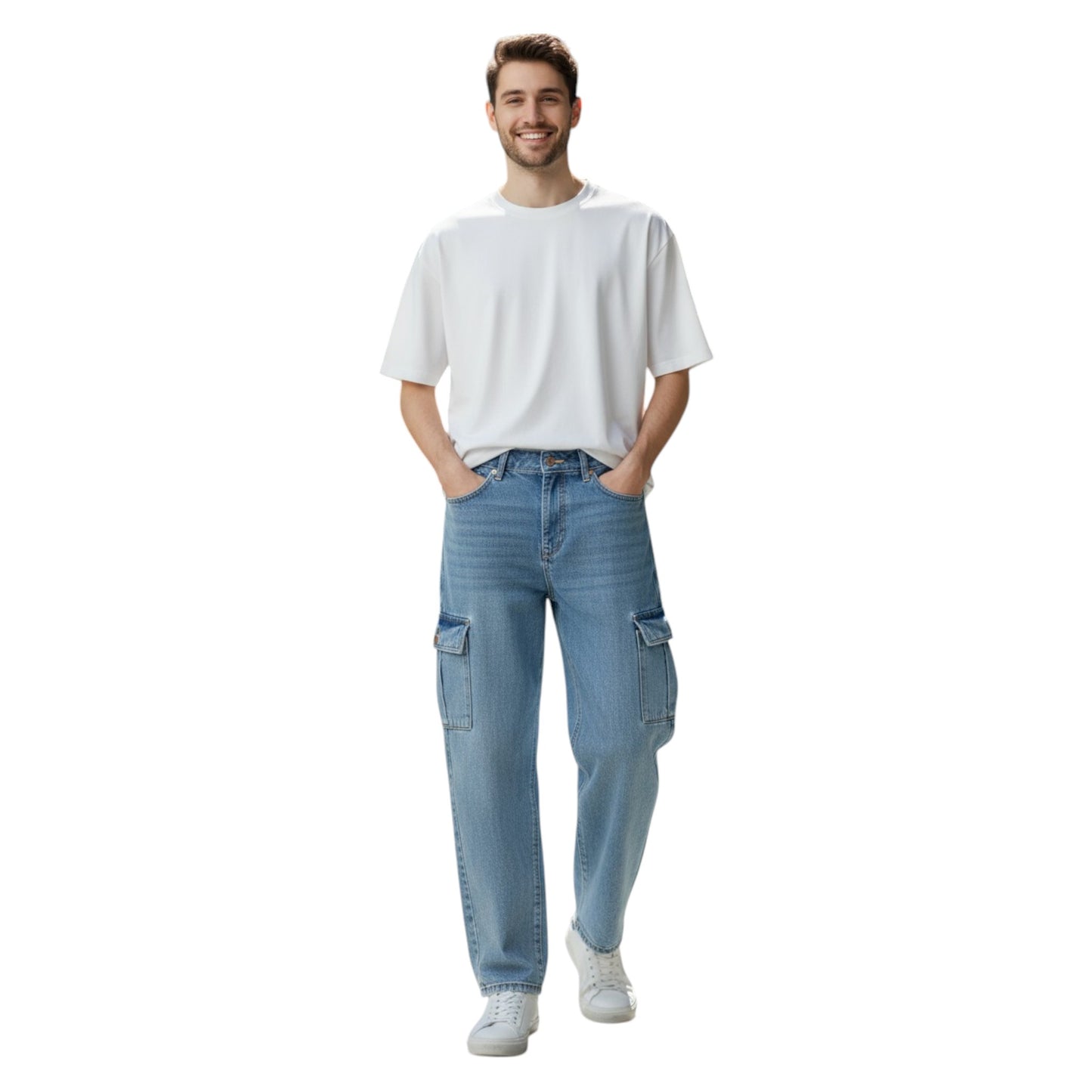 Man wearing a white t-shirt and light blue jeans on a white background