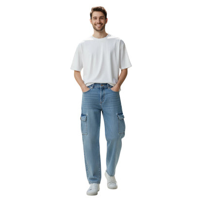 Man wearing a white t-shirt and light blue jeans on a white background