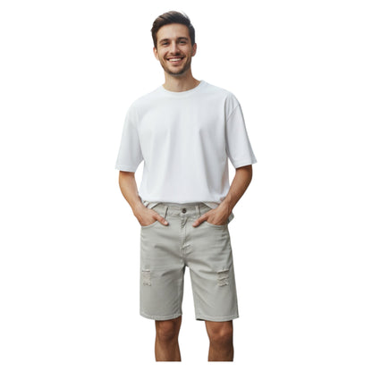 Men's Distressed Beige/Khaki Chino Shorts - Ripped Casual Flat Front