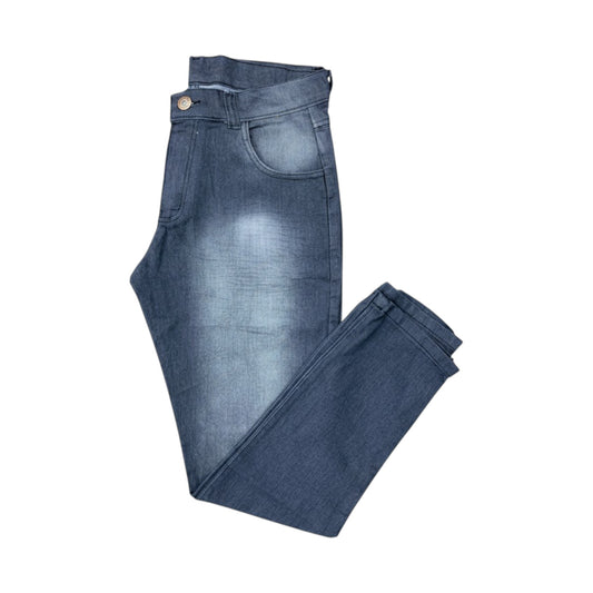 Folded blue jeans on a white background