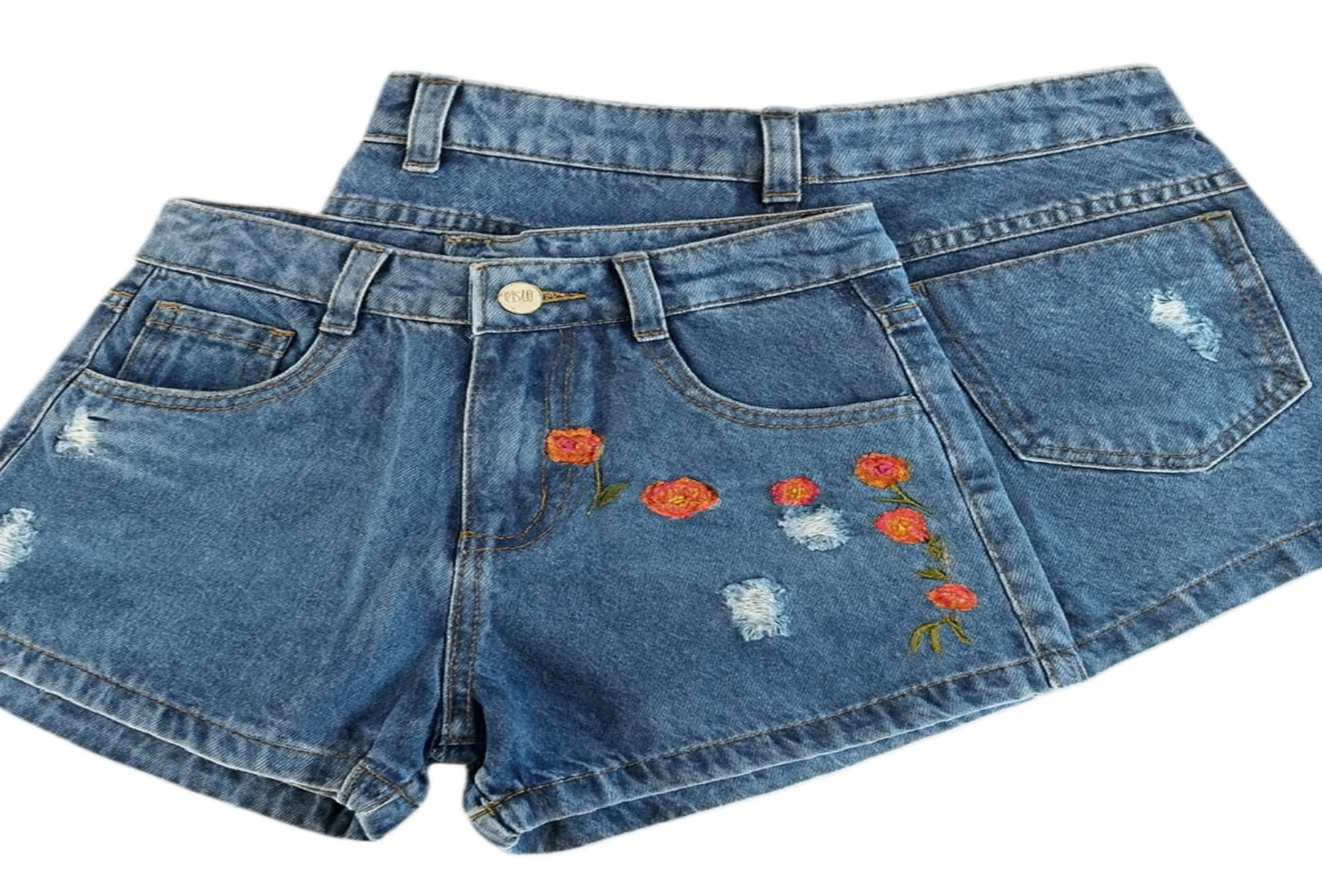 Denim shorts with floral embroidery on a white background