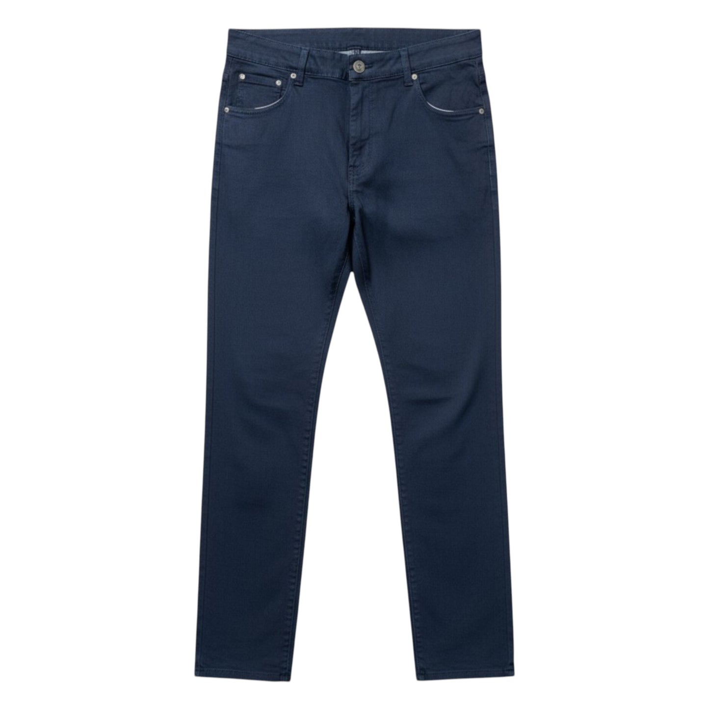 Pair of blue denim shorts with a belt on a white background